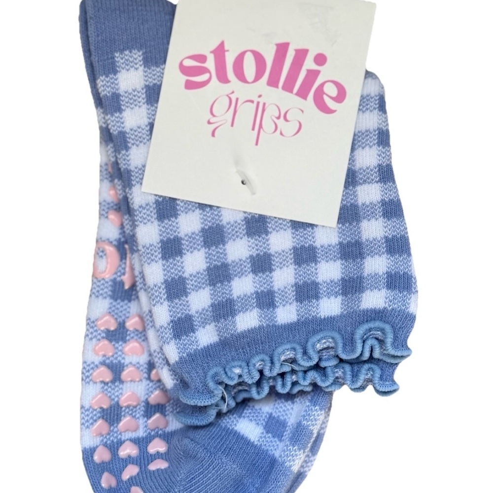 NWT Stollie Grip Socks Blue and Pink Checkered Pilates Yoga Barre